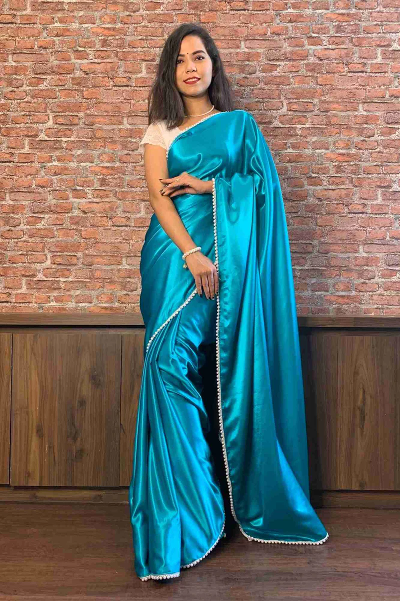 Blue Satin Moti Lace Ready To Wear 1min Saree